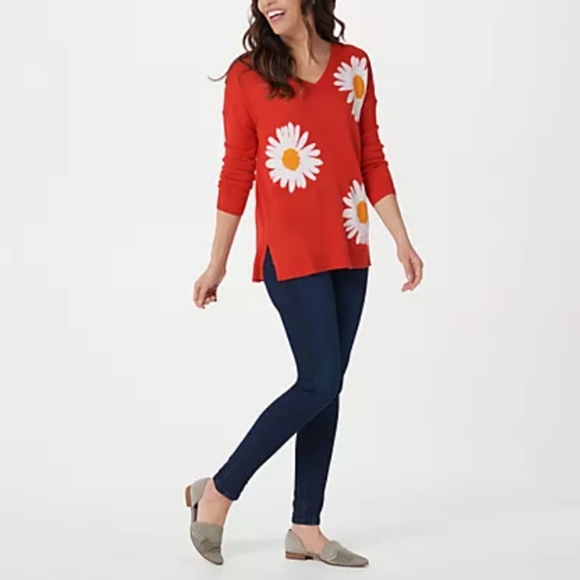 Laurie Felt Cashmere Blend Orange Red Daily Print V-Neck Sweater Size S - Picture 13 of 13